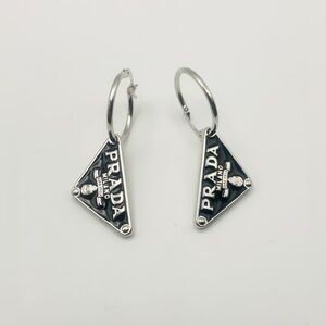 Classic Prada Silver Earrings with Black Triangle Logo Motif